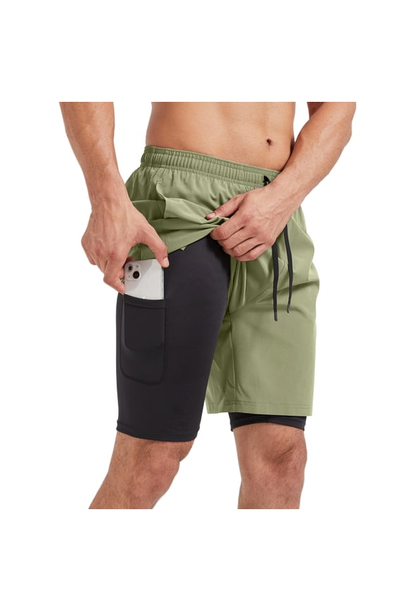 Mens 2 in 1 Dry Fit Workout Shorts with Liner and Pockets Men Workout Shorts Lightweight Breathable Gym Shorts Olive Green S