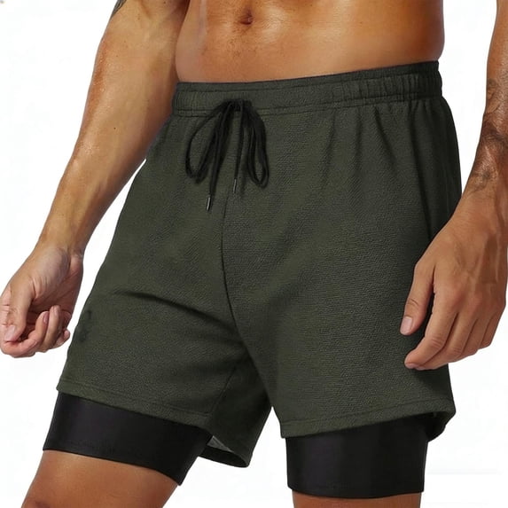 Mens 2 in 1 Running Workout Shorts with Compression Liner, Gym Athletic Quick Dry Sport Sweatshorts with Pockets Army Green