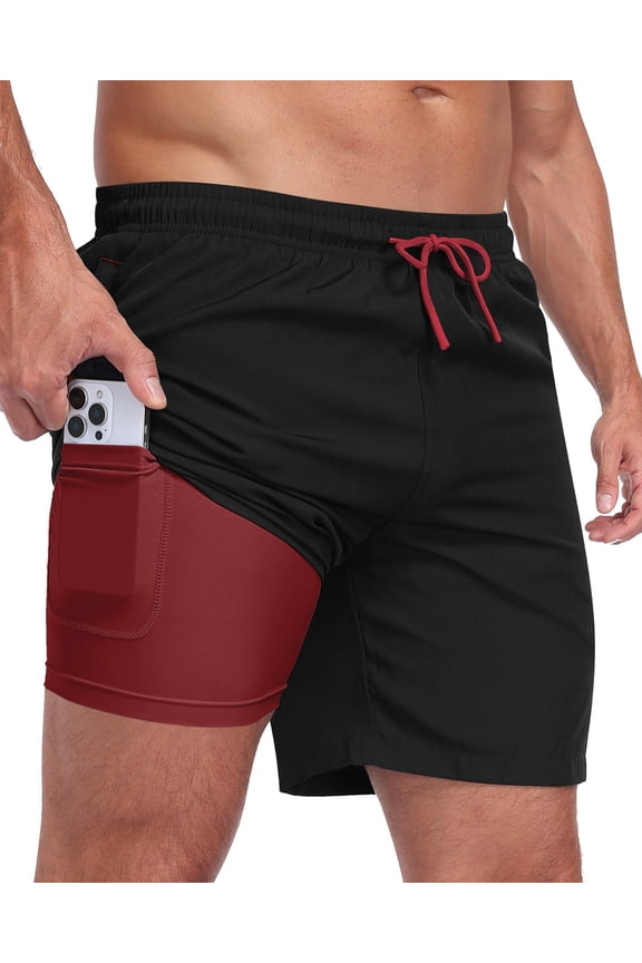 Mens 2 in 1 Swim Trunks with Compression Liner, Quick Dry Beach Shorts, Bathing Suit with Phone Pocket Black L