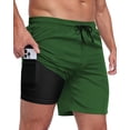 thumbnail image 1 of Mens 2 in 1 Swim Trunks with Compression Liner, Quick Dry Beach Shorts, Bathing Suit with Phone Pocket Green L, 1 of 6