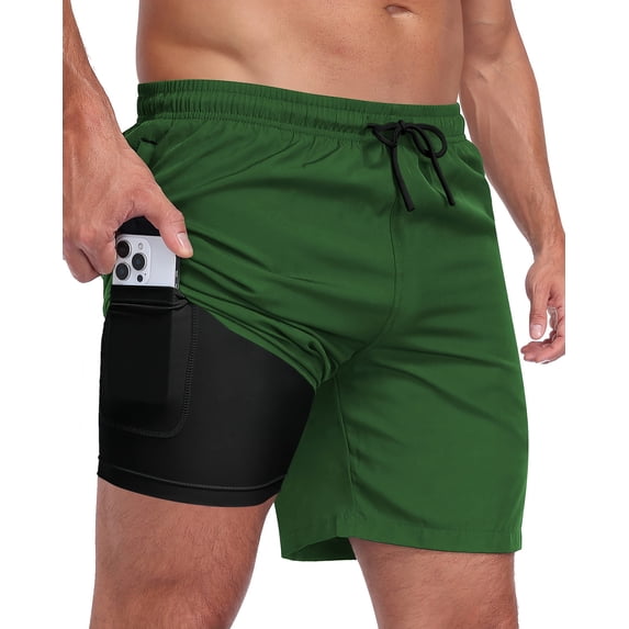 Mens 2 in 1 Swim Trunks with Compression Liner, Quick Dry Beach Shorts, Bathing Suit with Phone Pocket Green L