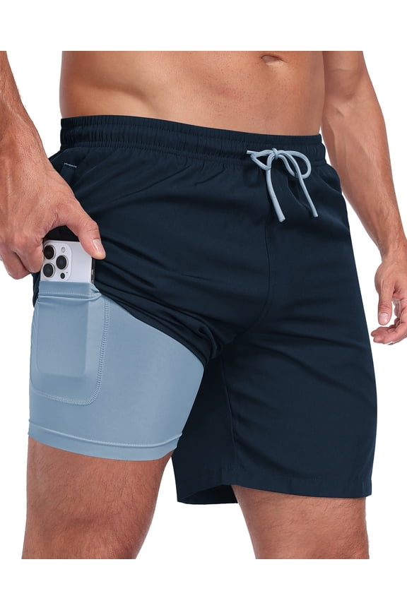 Mens 2 in 1 Swim Trunks with Compression Liner, Quick Dry Beach Shorts, Bathing Suit with Phone Pocket Navyblue 2XL