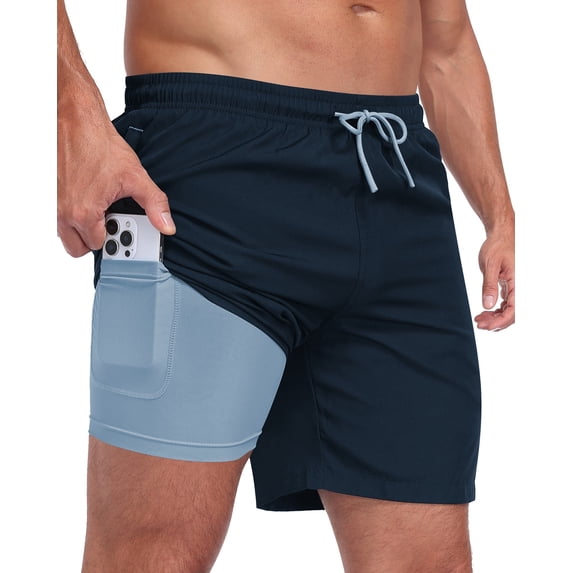 Mens 2 in 1 Swim Trunks with Compression Liner, Quick Dry Beach Shorts, Bathing Suit with Phone Pocket Navyblue S