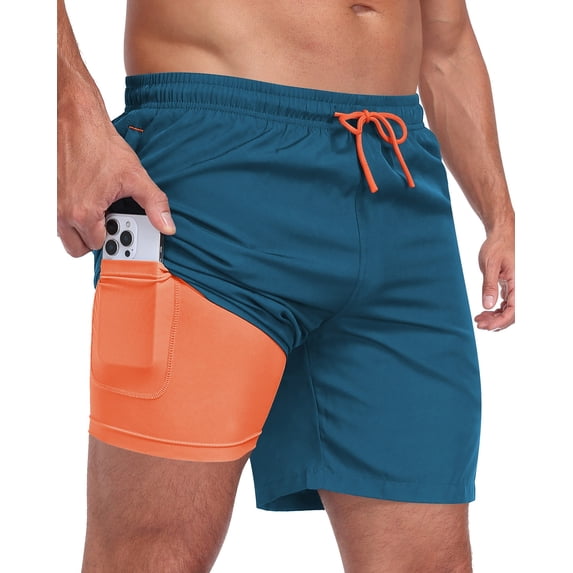 Mens 2 in 1 Swim Trunks with Compression Liner, Quick Dry Beach Shorts, Bathing Suit with Phone Pocket Peacockblue L