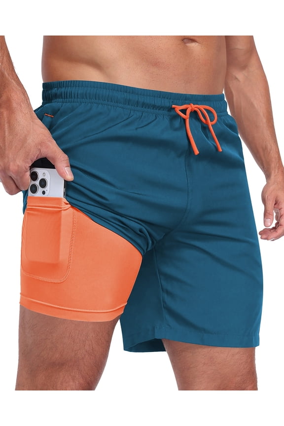 Mens 2 in 1 Swim Trunks with Compression Liner, Quick Dry Beach Shorts, Bathing Suit with Phone Pocket Peacockblue L
