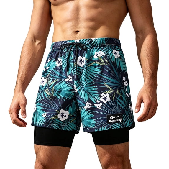 Mens 2 in 1 Swim Trunks with Compression Liner Summer Printed Quickly Dry Swim Short Swimsuit Bathing Suit Beach Shorts (2XL, Green)