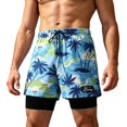 thumbnail image 1 of Mens 2 in 1 Swim Trunks with Compression Liner Summer Printed Quickly Dry Swim Short Swimsuit Bathing Suit Beach Shorts (XL, Blue), 1 of 6