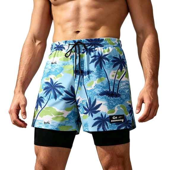 Mens 2 in 1 Swim Trunks with Compression Liner Summer Printed Quickly Dry Swim Short Swimsuit Bathing Suit Beach Shorts (XL, Blue)