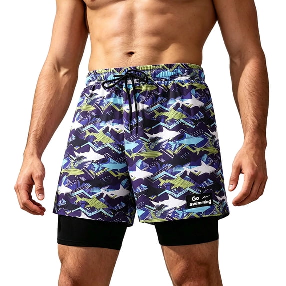 Mens 2 in 1 Swim Trunks with Compression Liner Summer Printed Quickly Dry Swim Short Swimsuit Bathing Suit Beach Shorts (XL, Multicolor)
