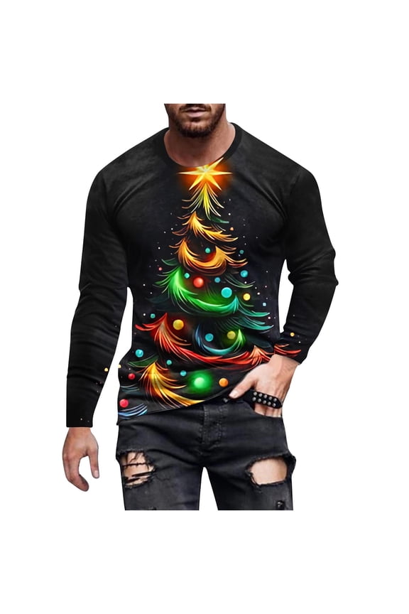 Mens 2024 Christmas T-Shirts Fashion Merry Christma Long Sleeve Christmas Graphic Print Pullover Sport Shirts Top Christmas Festival Crew Neck Blouses Tops