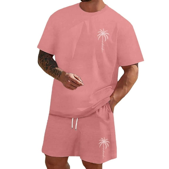 Mens 2025 Summer 2 Piece Outfits Cartoon Graphic Printed Short Sleeve Tee and Shorts Summer Vacation Holiday Tracksuits (Watermelon Red,3XL)