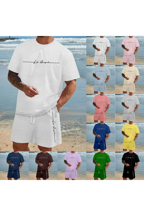 Mens 2025 Summer 2 Piece Outfits Matching Shirt and Shorts Set Hawaiian Matching Set Comfy and Soft Vacation Pajamas Set (Beige,L)