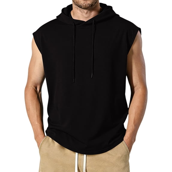 Mens 2026 Vintage Washed Sleeveless Hoodie Tank Top Cotton Muscle Workout Gym Streetwear Shirt Black L