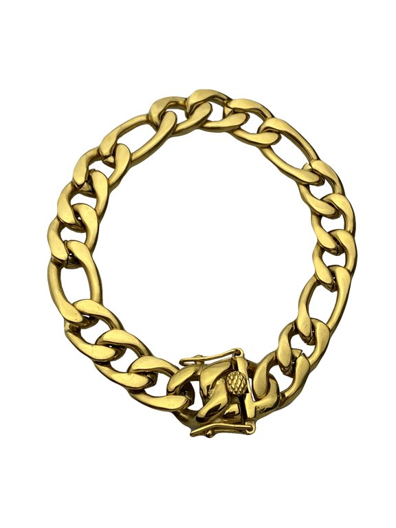Mens 24K Gold Plated over Stainless Steel Figaro Chain Link Bracelet 12MM Thick 8.5" Inch