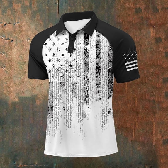 Mens 250 Anniversary USA Polo Shirt American Falg Print Stand Collar Patriotic July 4th Shirts With Button Loose Short Sleeve Basic Work Tee White XXXL
