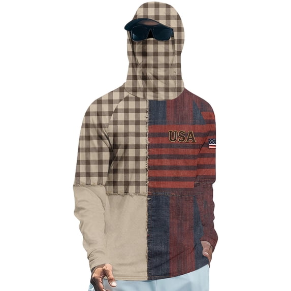 Mens 250 Anniversary USA Rash Guard Shirt UPF 50+ Fishing Sun Protection Hoodie with Mask American Flag Long Sleeve Shirts