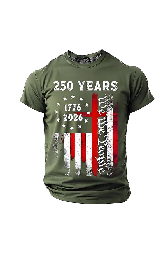 Mens 250 Anniversary USA Shirt, 250 Anniversary USA 1776-2026 Tops Casual Short Sleeve Tops Army Green Size S