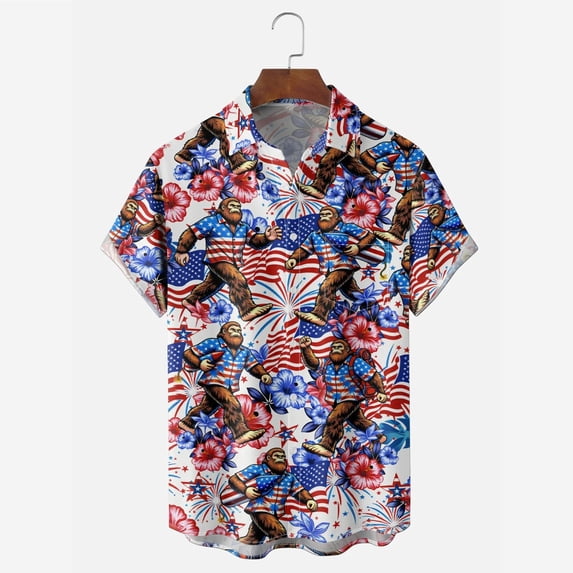 Mens 250 Anniversary USA Shirt Short Sleeve Button Down Lapel Blouse Independence Day Patriotic Beach Shirts for Men Blue L