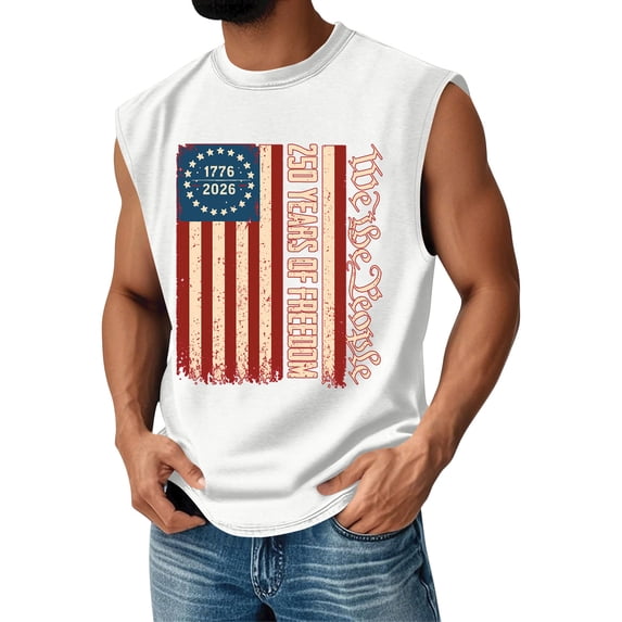 Mens 250 Anniversary Usa Shirt Independence Day Patriotic Shirts Graphic Crew Neck American Flag T Shirts Sleeveless Loose We the People Tank Tops White S