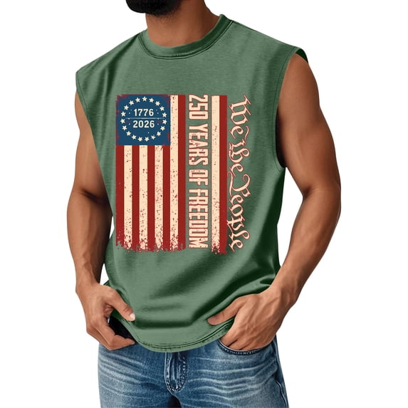 Mens 250 Anniversary Usa Shirt Patriotic Independence Day Shirts Sleeveless Graphic We the People Tank Tops Crew Neck Muscle Fit American Flag T Shirts Army Green L