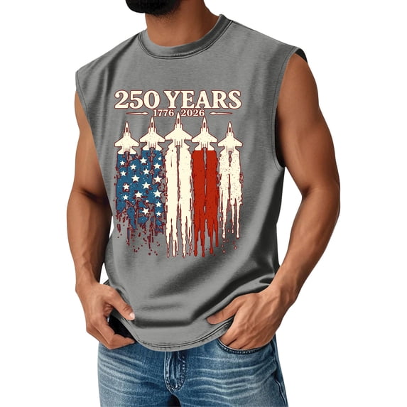 Mens 250 Anniversary Usa Shirts Independence Day Patriotic Shirt Sleeveless Graphic 1776 - 2026 Tank Tops Crew Neck Muscle Fit American Flag T Shirts Gray 3XL