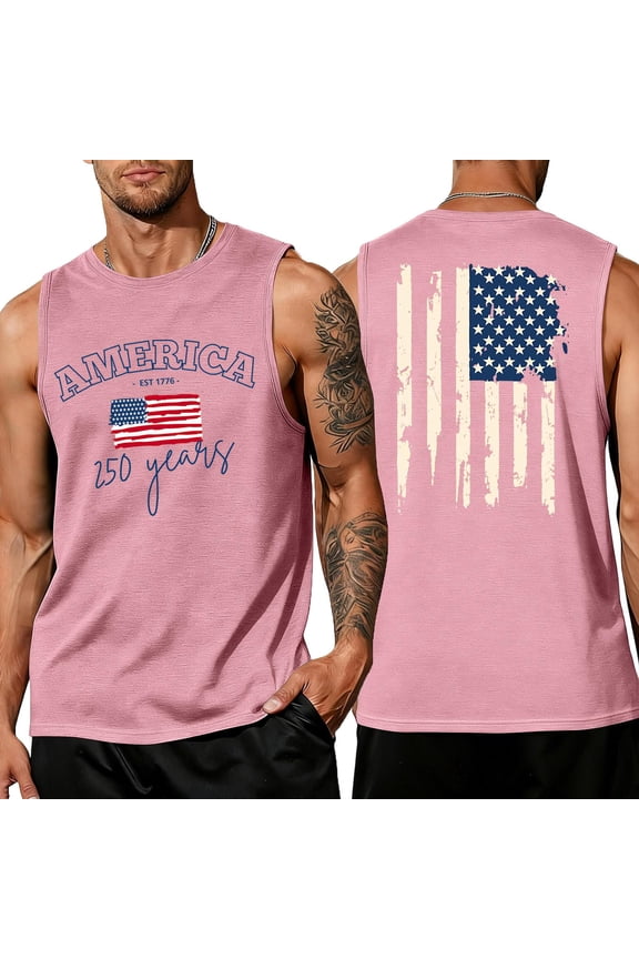 Mens 250 Anniversary Usa Tank Tops Usa Independence Day 4th Of July Shirt Retro American Flag Graphic Sleeveless Patriotic T Shirts We the People Crew-Neck Cut Off Shirts,Pink L