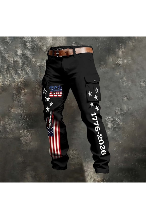 Mens 250th Anniversary USA Cargo Pants Independence Days Belt Work Pants Outdoor Trousers Black M