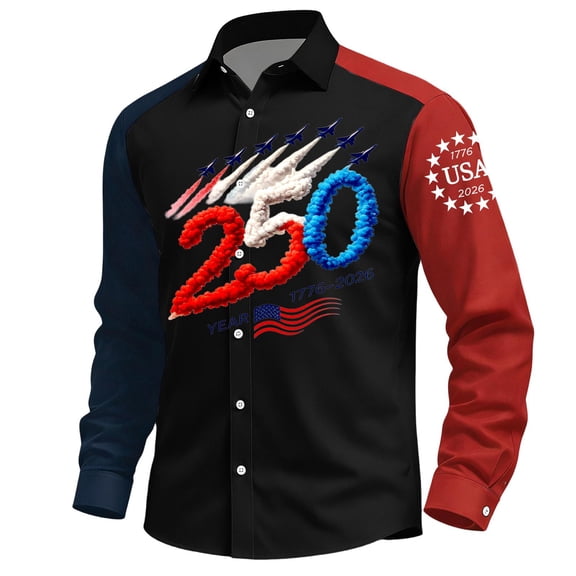 Mens 250th Anniversary USA Shirt American Flag Button Down Shirts Long Sleeve Slim Fit Patriotic T-shirt