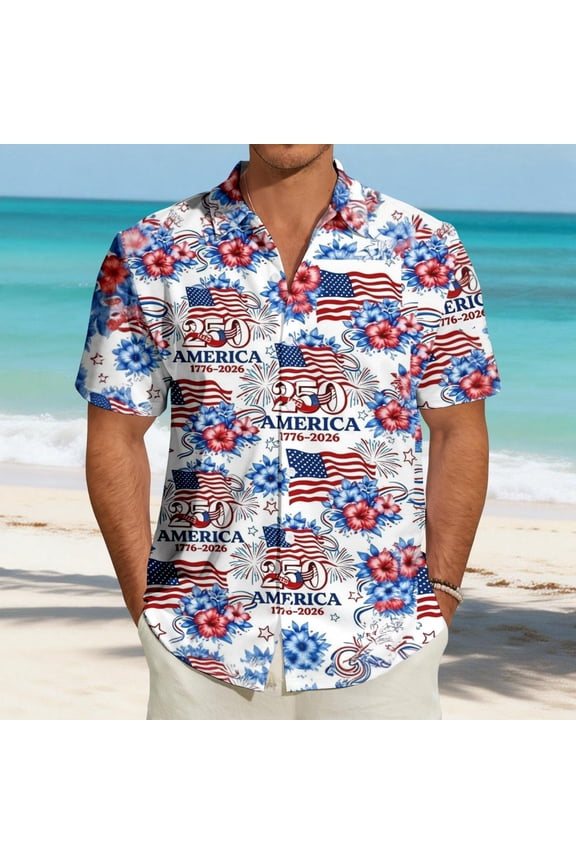 Mens 250th Anniversary USA Shirt Short Sleeve Button Down Lapel Tops Hawaii 1776 2026 Patriotic Shirts for Men Watermelon Red XXL