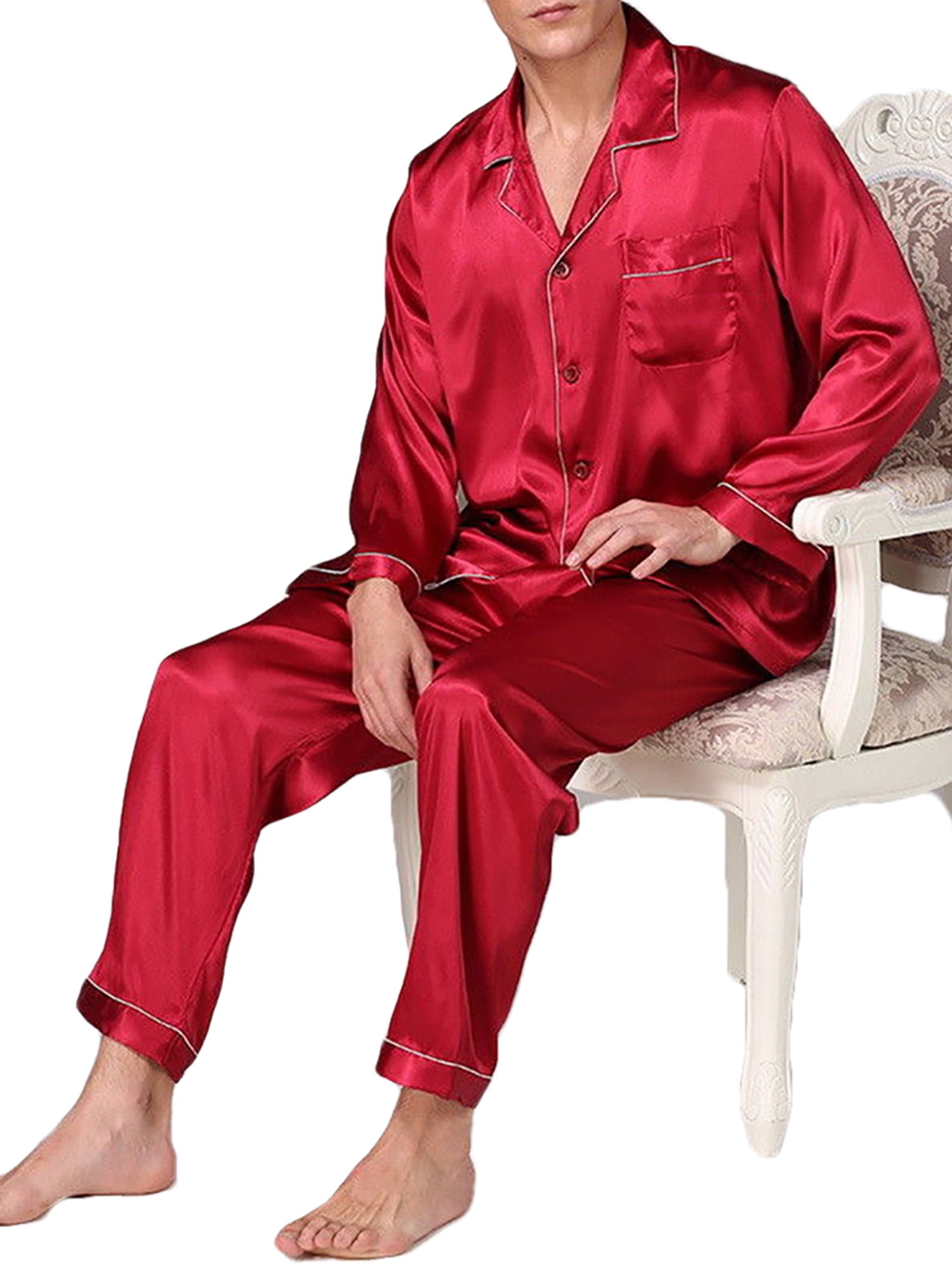 Mens 2Pcs Silk Satin Pajamas Sets Long Sleeve Button Down Tops Pants