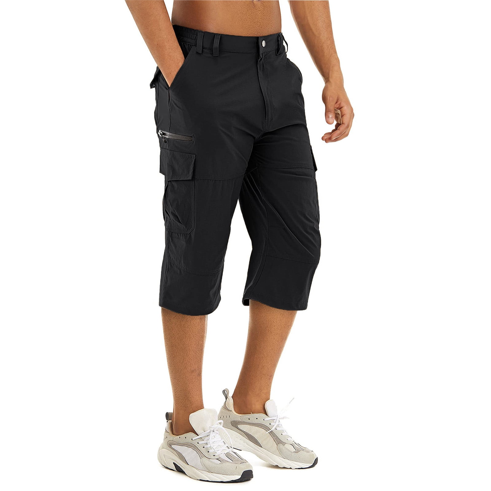 Mens 3/4 Cargo Shorts Outdoor Capri Pants Elastic Waist Sweatpants