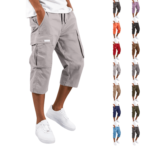 Mens 3/4 Length Cargo Capri Pants Drawstring Elastic Waist Summer Lightweight Casual Outdoor Hiking Athletic Cropped Trousers Beige 4XL