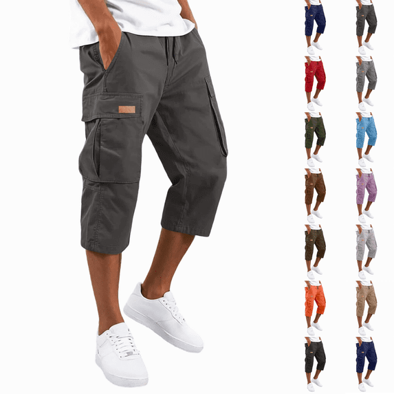 Mens 3/4 Length Cargo Capri Pants Drawstring Elastic Waist Summer Lightweight Casual Outdoor Hiking Athletic Cropped Trousers Dark Gray M