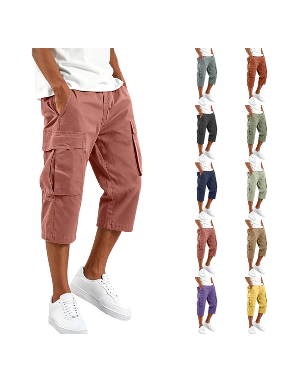 Mens 3/4 Length Cargo Capri Pants Drawstring Elastic Waist Summer Lightweight Casual Outdoor Hiking Athletic Cropped Trousers Watermelon Red 3XL