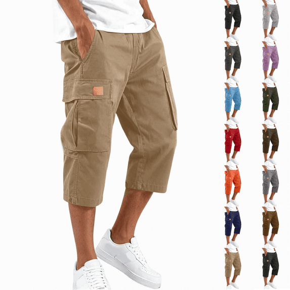 Mens 3/4 Long Cargo Shorts Loose Fit Elastic Work Capri Shorts Below Knee Casual with Multi Pockets Khaki M