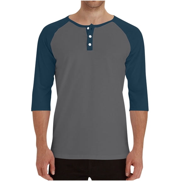 Mens 3/4 Sleeve Henley Shirts Fall Casual Pullover Raglan Shirts Soft Crew Neck Trendy Men Going Out Tops Navy, L