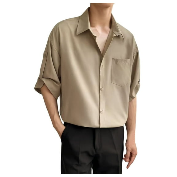 Mens 3/4 Sleeve Shirts Solid Color Untucked Business Casual Shirt Casual Button Down Shirts Regular Fit Summer Vacation Tops,Brown,XL