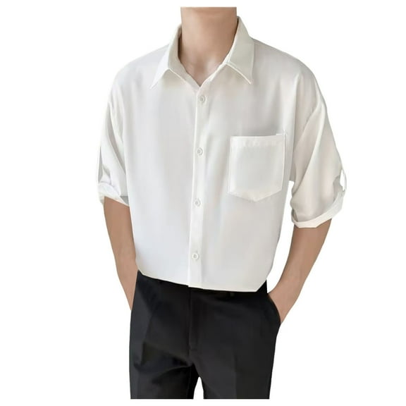 Mens 3/4 Sleeve Shirts Solid Color Untucked Business Casual Shirt Casual Button Down Shirts Regular Fit Summer Vacation Tops,White,M