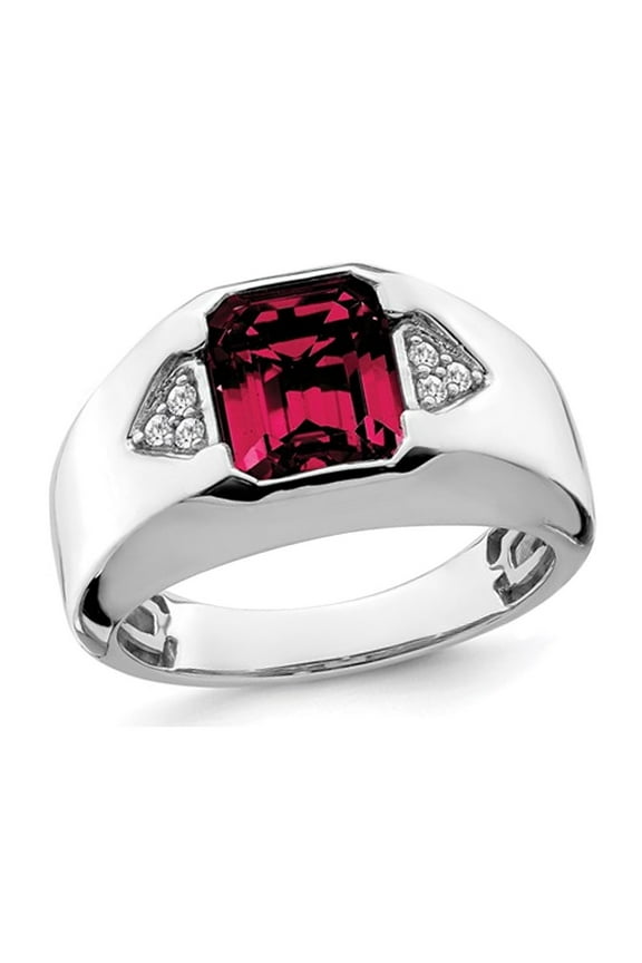 Mens 3.75 Carat (Ctw) Lab Created Emerald-Cut Ruby Ring in 14K White Gold with Diamonds for Men