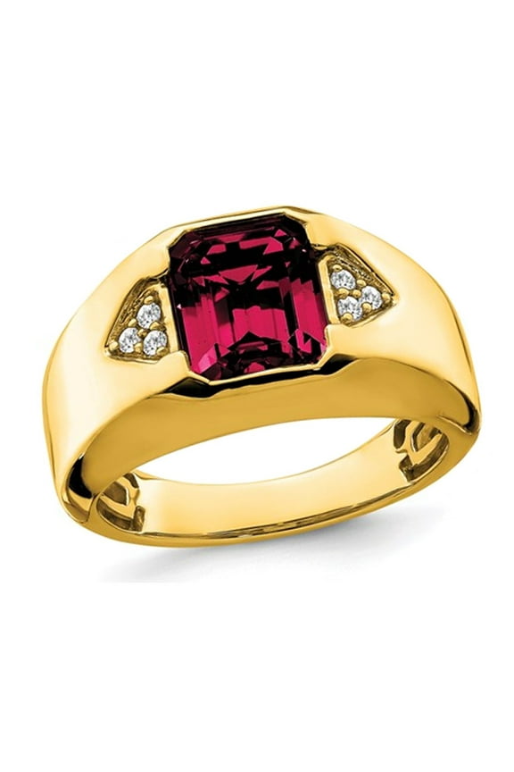 Mens 3.75 Carat (Ctw) Lab Created Emerald-Cut Ruby Ring in 14K Yellow Gold with Diamonds for Men