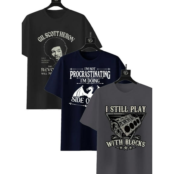 Mens 3 Pack Graphic Tees Vintage T-Shirts Oversized Letter Print Casual Crewneck Cotton Top Short Sleeve Rapper Streetwear Black,Gray XL