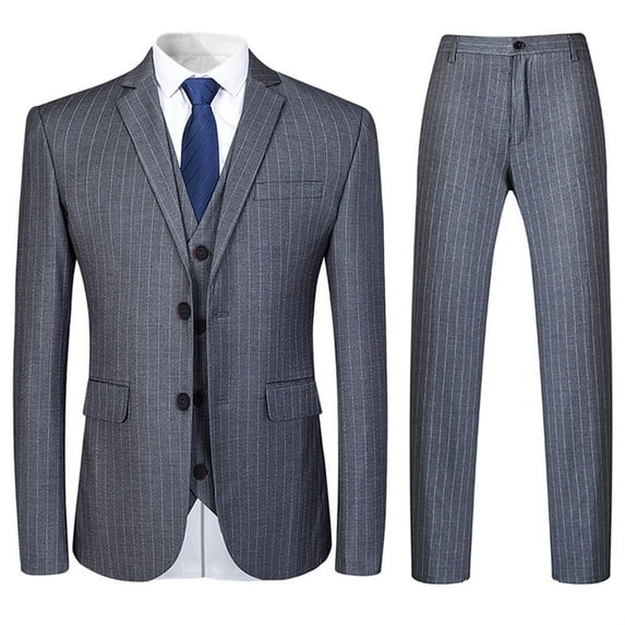 Mens 3 Piece Suit Formal Pinstripe Slim Fit Notched Lapel Dress Blazer Vest Trousers Set
