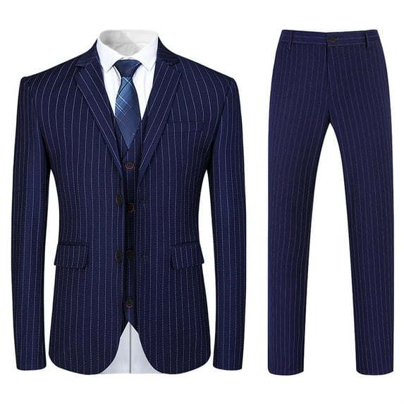 Mens 3 Piece Suit Formal Pinstripe Slim Fit Notched Lapel Dress Blazer Vest Trousers Set