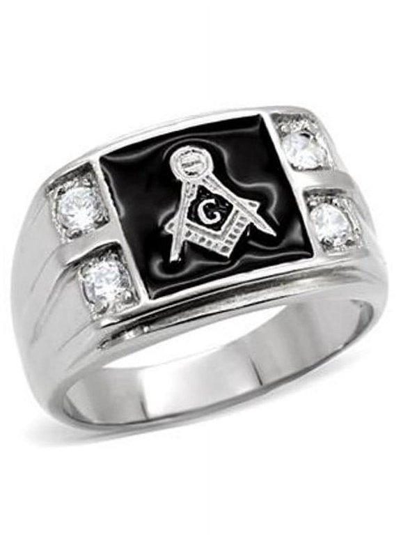 Mens 316 Stainless Steel Four of 3x3mm CZ Side Logo Mason Ring - Size 10
