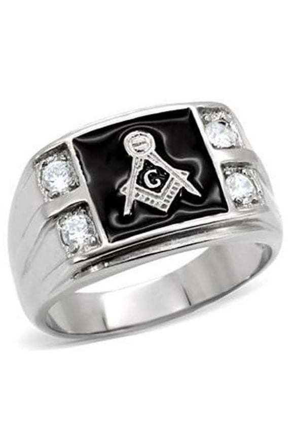 Mens 316 Stainless Steel Four of 3x3mm CZ Side Logo Mason Ring - Size 12