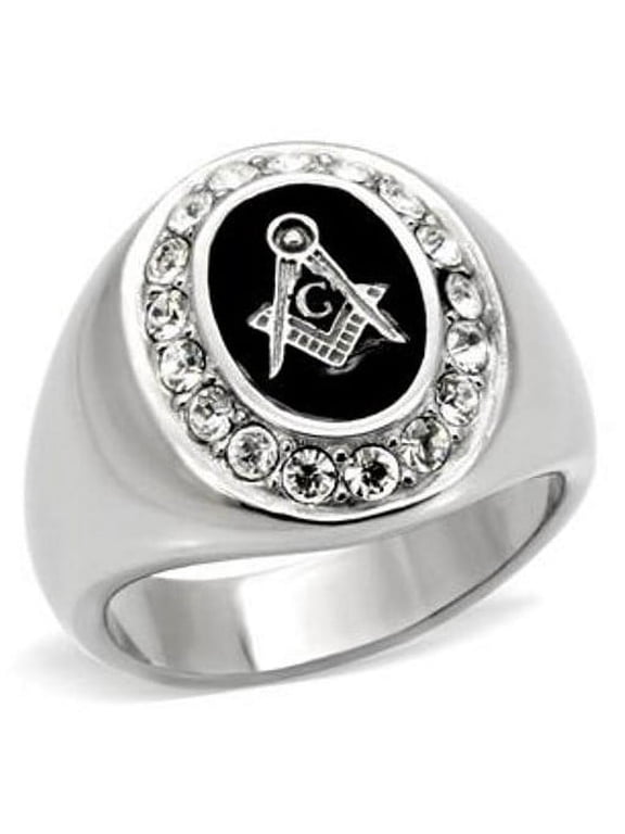 Mens 316 Stainless Steel Top Grade Crystal Around Logo Mason Ring - Size 9