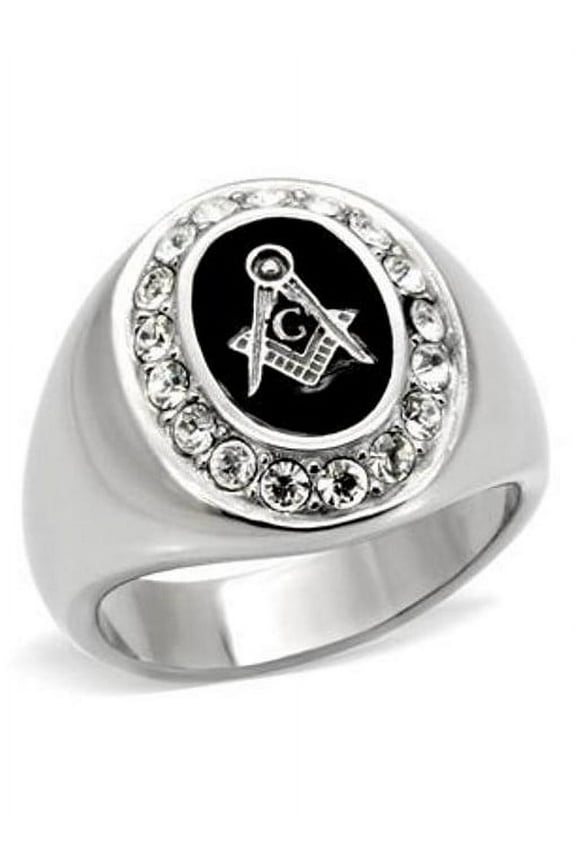 Mens 316 Stainless Steel Top Grade Crystal Around Logo Mason Ring - Size 9