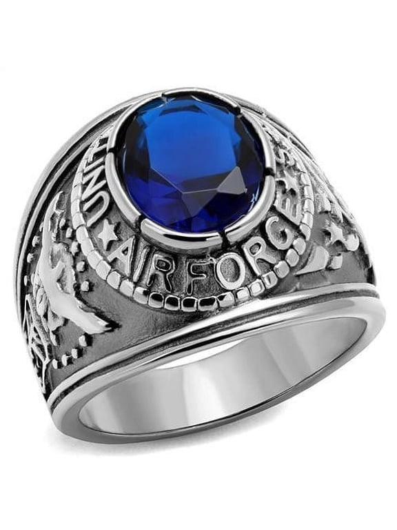 Mens 316 Stainless Steel Wide Band Air Force Sapphire CZ Ring - Size 10