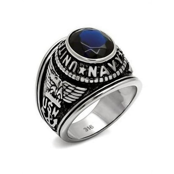 Mens 316 Stainless Steel Wide Band Navy Miliatry Sapphire CZ Ring - Size 12