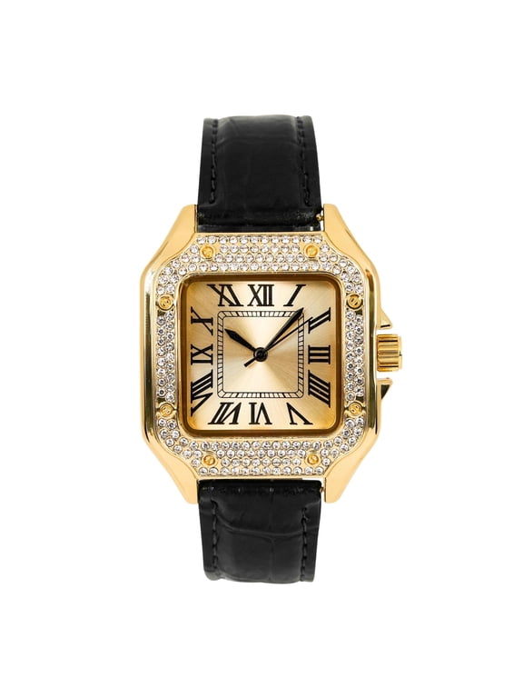 Men's 32mm Iced Out Square Watch – Leather Band, Roman Numerals, Diamond Bezel – Luxury Hip Hop Style for Streetwear & Fashion - Gold Black Finish